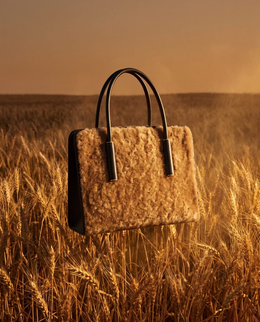 Concept image: a textured brown tote floating above a wheat field at golden hour